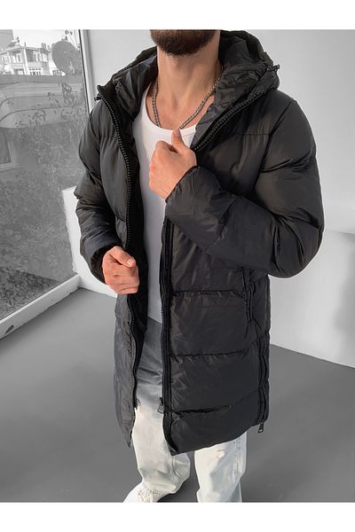 NO1 KONSEPT Palton puf lung cu glugă neagră