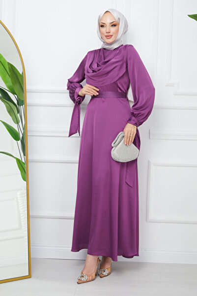 İmajButik فستان سهرة من الساتان بياقة أرجوانية فاتحة وأكمام مربوطة