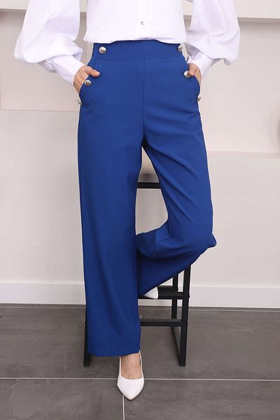 İmajButik Saks Blue Crepe Trousers with High Waist and Pockets - Wide Leg