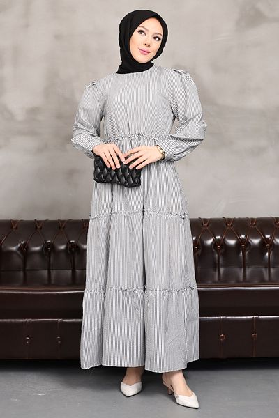 İmajButik Anthracite Waist Detailed Skirted Striped Dress