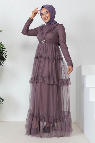İmajButik Βραδινό φόρεμα με σκούρο λιλά εμπρός λεπτομερές βολάν
