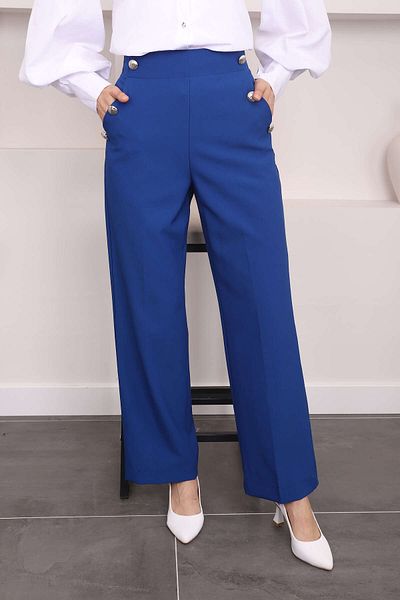 İmajButik Saks Blue Crepe Trousers with High Waist and Pockets - Wide Leg