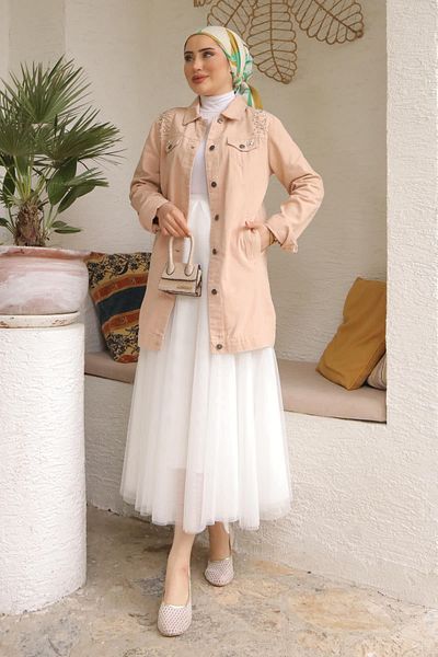 İmajButik Beige Jeans Jacket with Jewelled Pockets