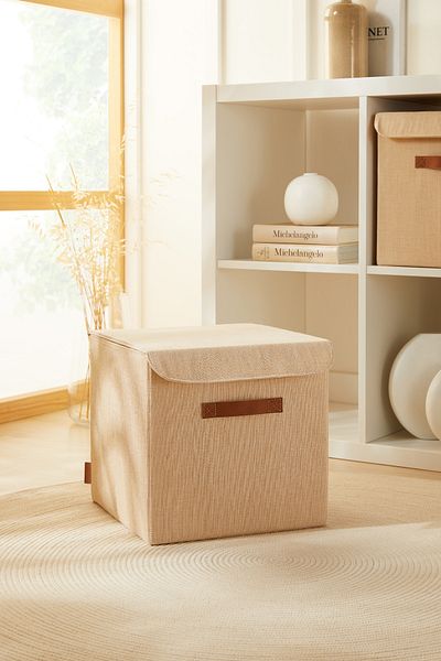 Ocean Home Textile Jute Linen Fabric with Lid under Cabinet Laundry Toy Organizer Folding Storage Box 30X30X30