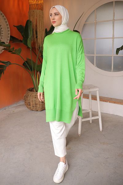 İmajButik Φιστίκι Πράσινο Crew Neck Mercerized Casual Knitwear Tunic