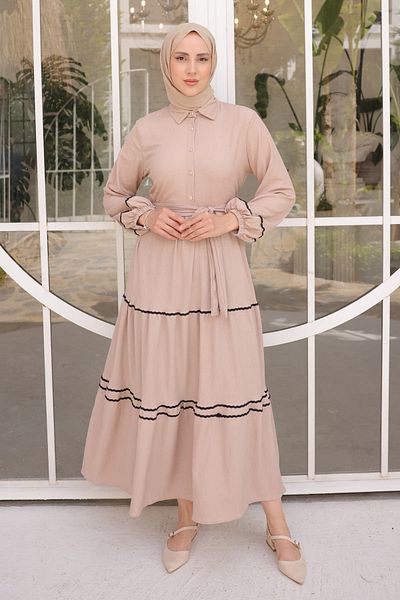 İmajButik Μπεζ μανίκι ελαστική φούστα με ριγέ στριφτό φόρεμα