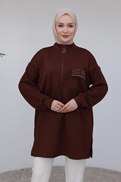 Armine Armine Trend Half Zipper Pocket Stone Detailed Tunic-Brown 24Kt423