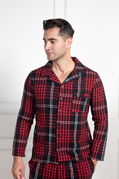 Mecit Pijama Erkek Ekoseli Büyük Beden Kışlık Gömlek Yaka Önden Düğmeli Pijama Takımı %75 Pamuk %25 Viskon