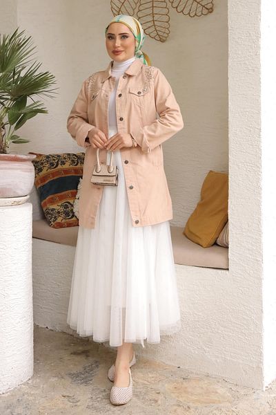 İmajButik Beige Jeans Jacket with Jewelled Pockets