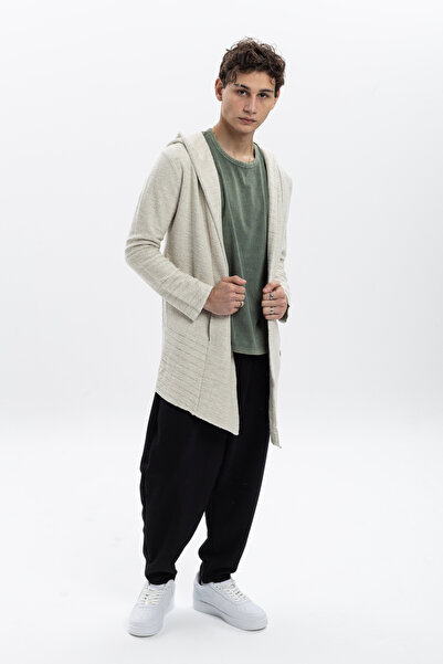 S-Ponder Erkek Kapüşonlu Cep Detaylı Dokulu %100 Pamuk Uzun Hırka