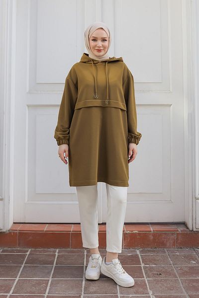 Armine Trend Hooded Sleeves Elastic Tunic-Fat Green 24Kt454