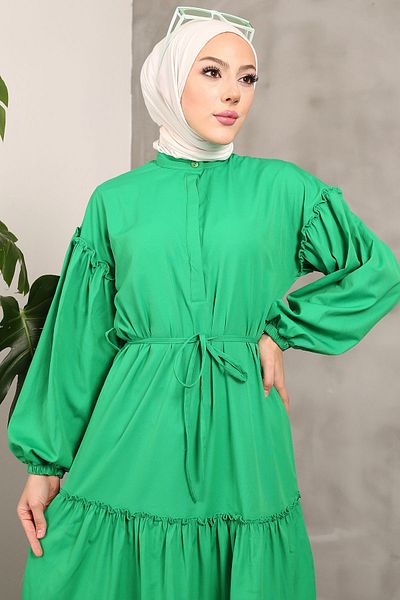 İmajButik Green Sleeve Elastic Skirt Layered Tericotone Dress