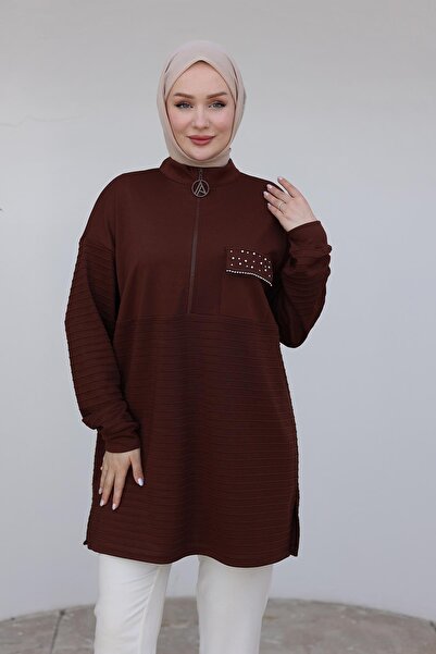 Armine Armine Trend Half Zipper Pocket Stone Detailed Tunic-Brown 24Kt423