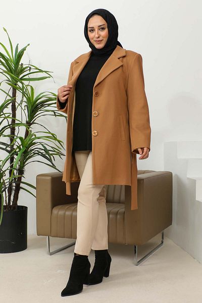 İmajButik Palton Camel Plus Size cu guler dublu