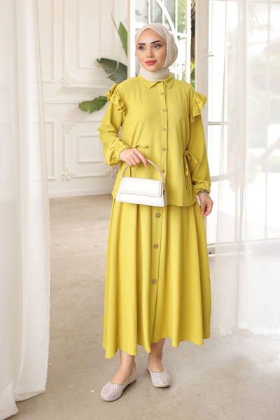 İmajButik طقم بلوزة وتنورة فوشيا - تفاصيل الأكمام