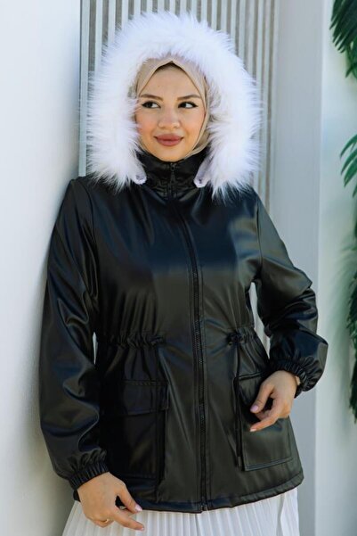 BURCU TESETTÜR Belden Bağcık, Fermuar Detaylı Kapşonlu Kısa Deri Mont-BRC6265