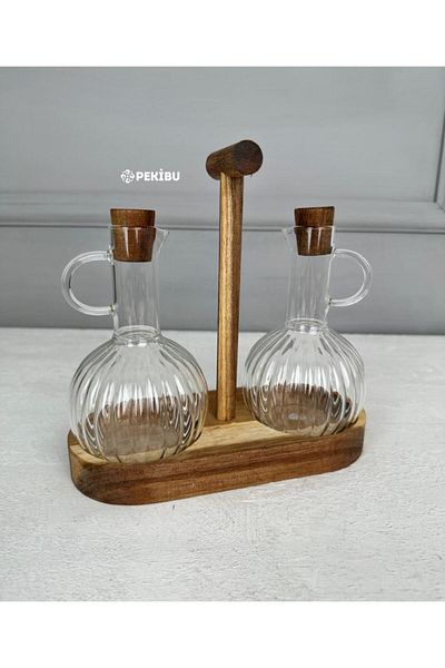 PEKİBU 2-Piece Borosilicate Glass Oil Pot - With Wooden Stand