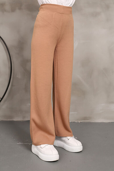 İmajButik Bisküvi Yüksek Bel Bol Paça Triko Pantolon
