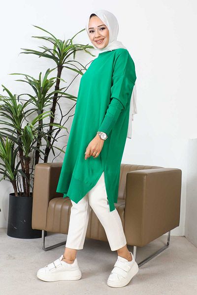 İmajButik Green Crew Neck Mercerized Loose Knitwear Tunic