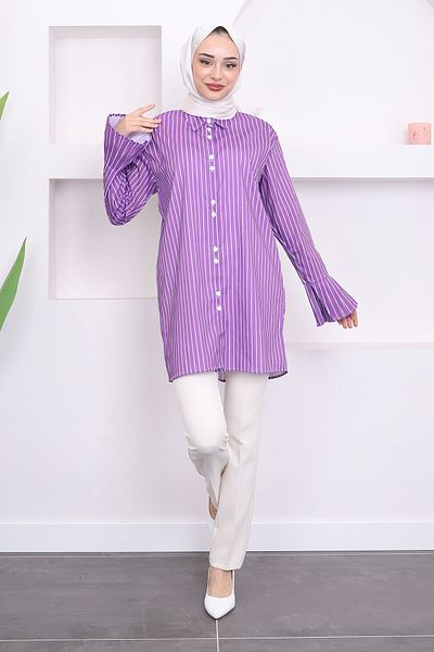 İmajButik Purple Striped Pleated Sleeve Tunic - Buttoned Design