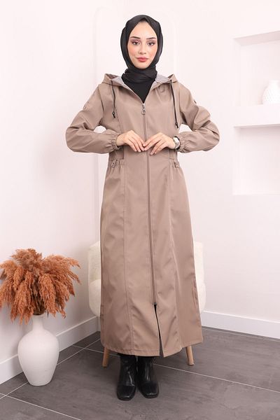 İmajButik Μακριά καμπαρντίνα με κουκούλα βιζόν με ελαστικό μανίκι