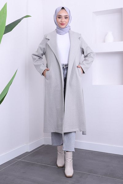 İmajButik Γκρι παλτό με ζώνη μέσης