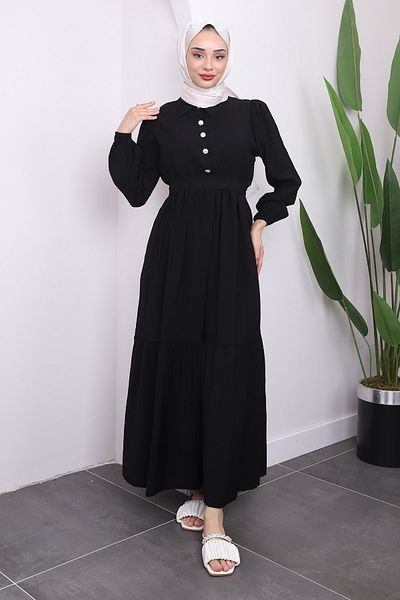 İmajButik Μαύρο λινό φόρεμα με κορδόνι μέσης
