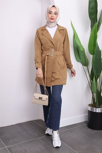 İmajButik Κοντή καμπαρντίνα Camel Pocket με ζώνη μέσης