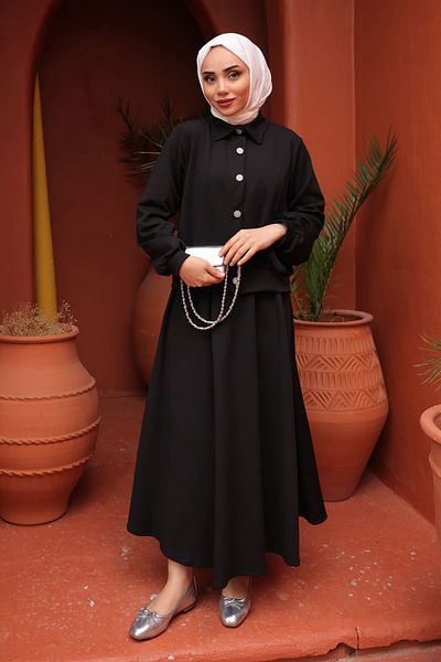 İmajButik Black Button Detailed Skirted Set