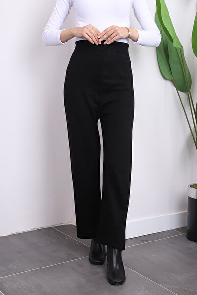 İmajButik Siyah Yüksek Bel Bol Paça Triko Pantolon