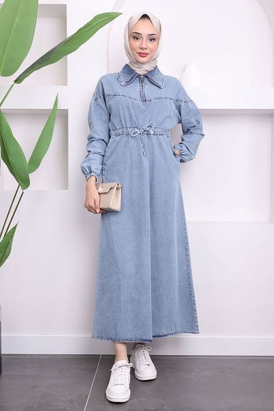 İmajButik Blue Waist Drawstring Pocket Denim Dress
