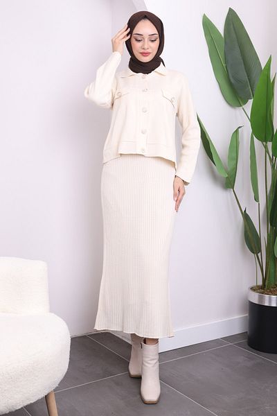 İmajButik Κρεμ Crop Jacket Φόρεμα Διπλό Σετ Πλεκτό Συνδυασμού