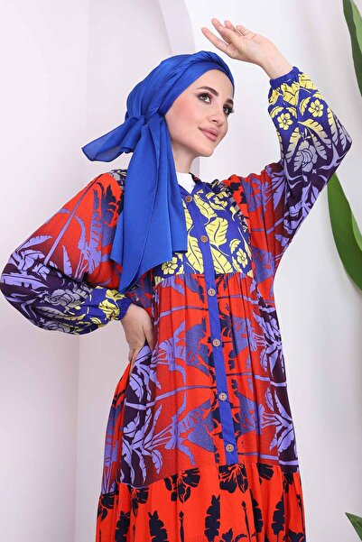 İmajButik Half Buttoned Red Viscose Dress - Layered Skirt