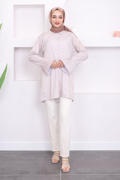 İmajButik Striped Pleated Sleeve and Stone Button Tunic