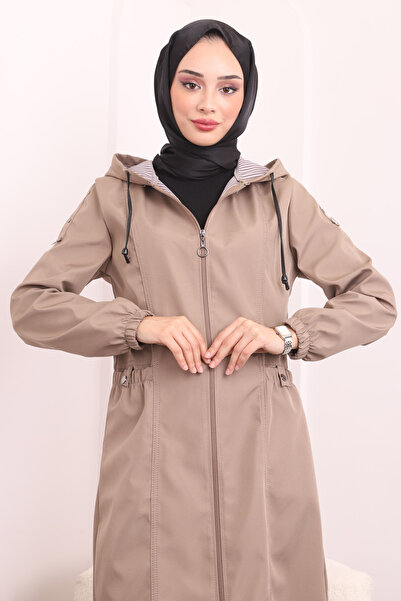 İmajButik Μακριά καμπαρντίνα με κουκούλα βιζόν με ελαστικό μανίκι