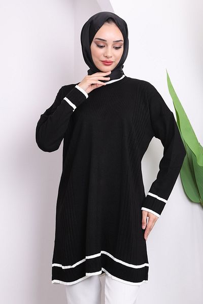 İmajButik Black Crew Neck Mercerized Casual Knitwear Tunik