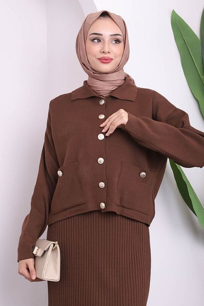 İmajButik Καφέ Crop Ζακέτα Πλεκτό Φόρεμα Διπλός Συνδυασμός