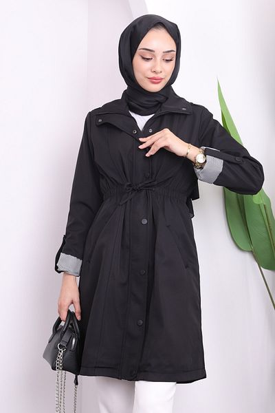 İmajButik Black Pocketed Front Zipped Trench Coat