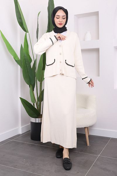 İmajButik Cream Shepherd Stitched Skirted Knitwear Cardigan Set