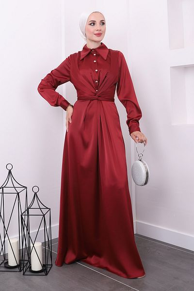 İmajButik Σατέν βραδινό φόρεμα - μπορντό με λαιμόκοψη με κουμπιά και σταυρωτό φύλλο