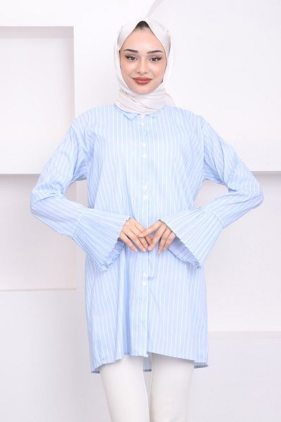 İmajButik Blue Striped Baby Tunic - Buttoned and Sleeve Pleated