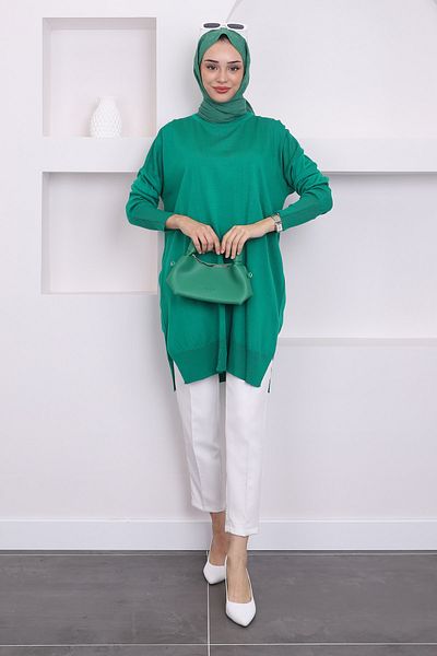 İmajButik Green Crew Neck Mercerized Loose Knitwear Tunic