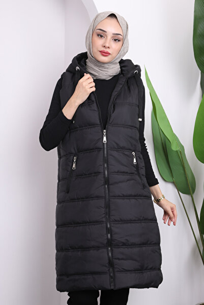 İmajButik Μαύρο μακρύ φουσκωτό γιλέκο με κουκούλα