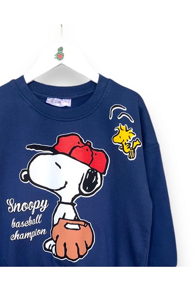 LİTTLE TORTOİSE Boy's Navy Color Snoopy Printed Long Sleeve Raster Sweatshirt / Sweatpants Set