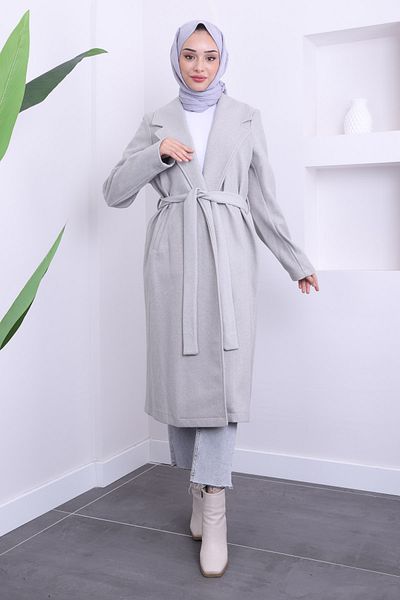 İmajButik Γκρι παλτό με ζώνη μέσης