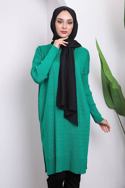 İmajButik Green Crew Neck Mercerized Casual Knitwear Tunic