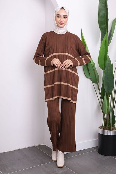 İmajButik Καφέ ριγέ πλεκτό παντελόνι τουνίκ Σετ δύο τεμαχίων