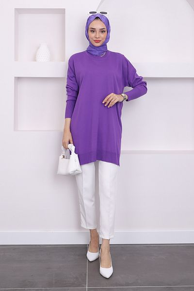 İmajButik Σκούρο λιλά Crew Neck Mercerized Casual Knitwear Tunic