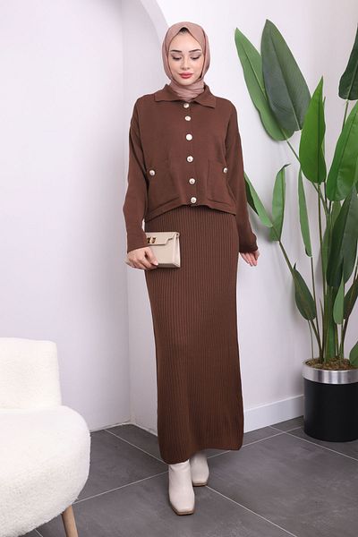 İmajButik Καφέ Crop Ζακέτα Πλεκτό Φόρεμα Διπλός Συνδυασμός