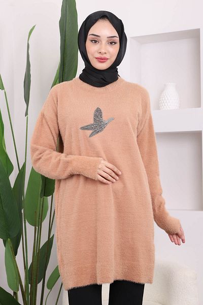 İmajButik Plush Knitwear Tunic with Biscuit Stone Detail